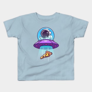 Cute Astronaut Catching Pizza With Ufo Cartoon Kids T-Shirt